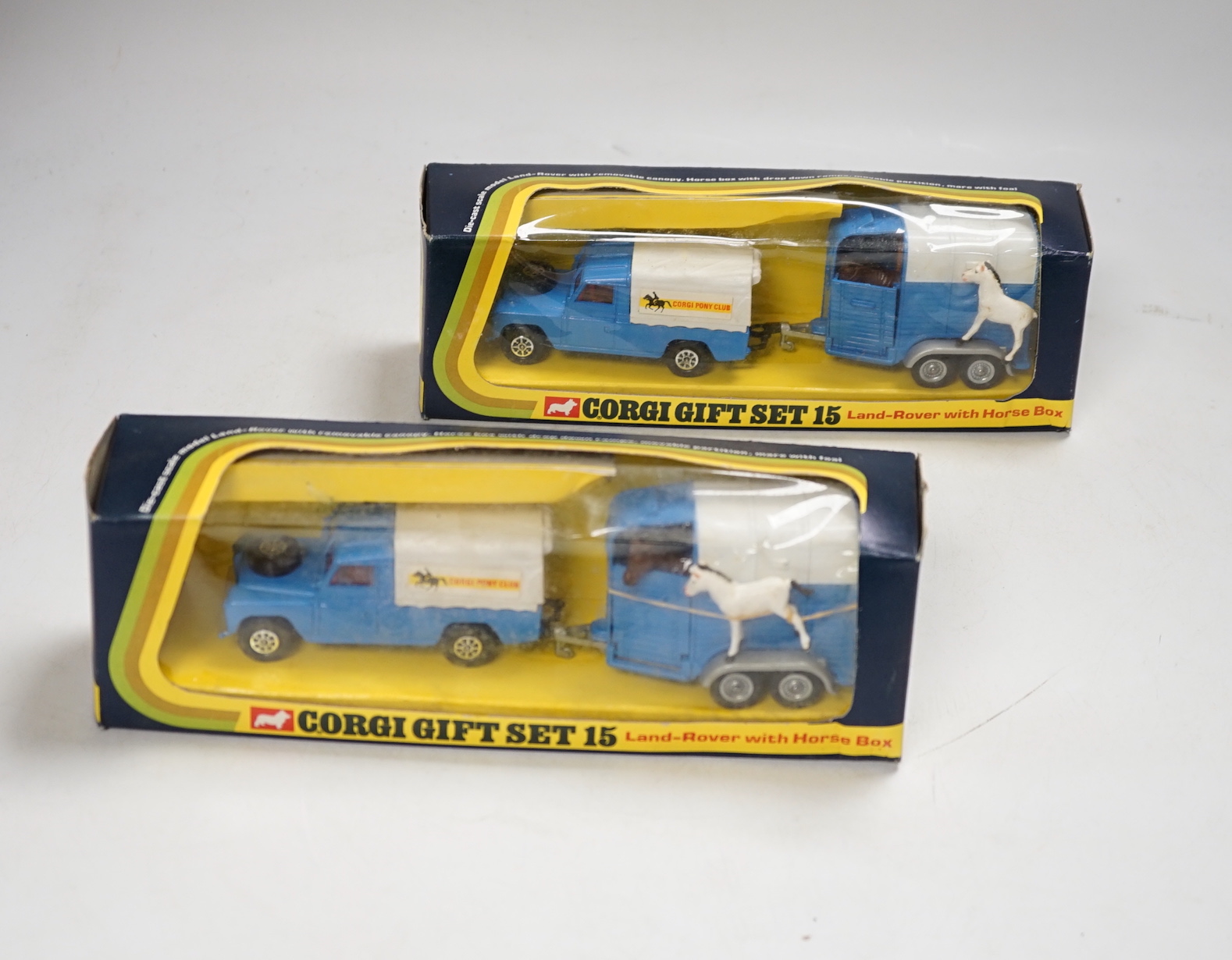 Two boxed Corgi Toys Gift Set 15; Land-Rover with Rice’s Beaufort Double Horse Box, both complete with horses